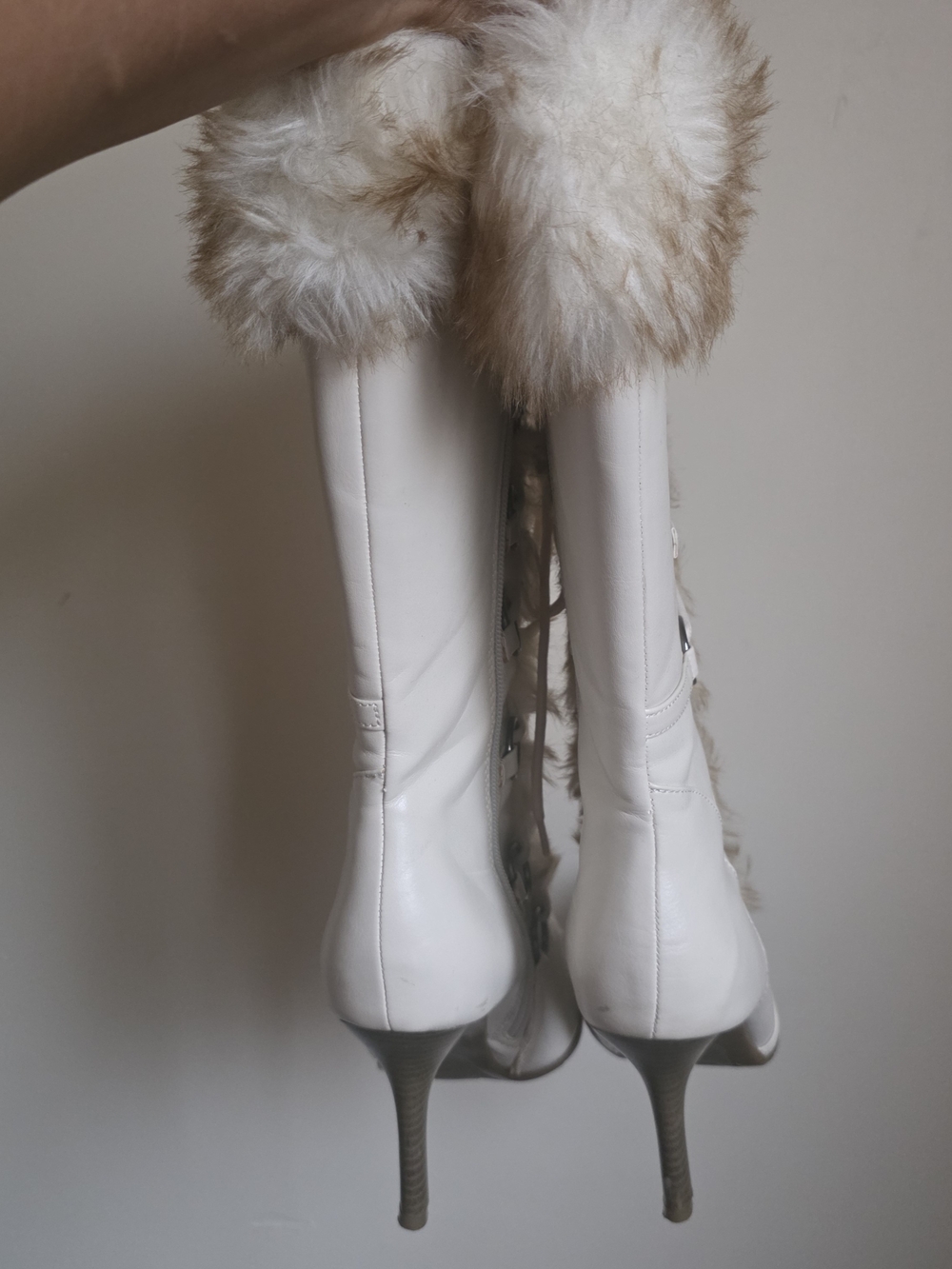 Delicious White Fur Trim Stiletto Boots - Picture 3 of 9